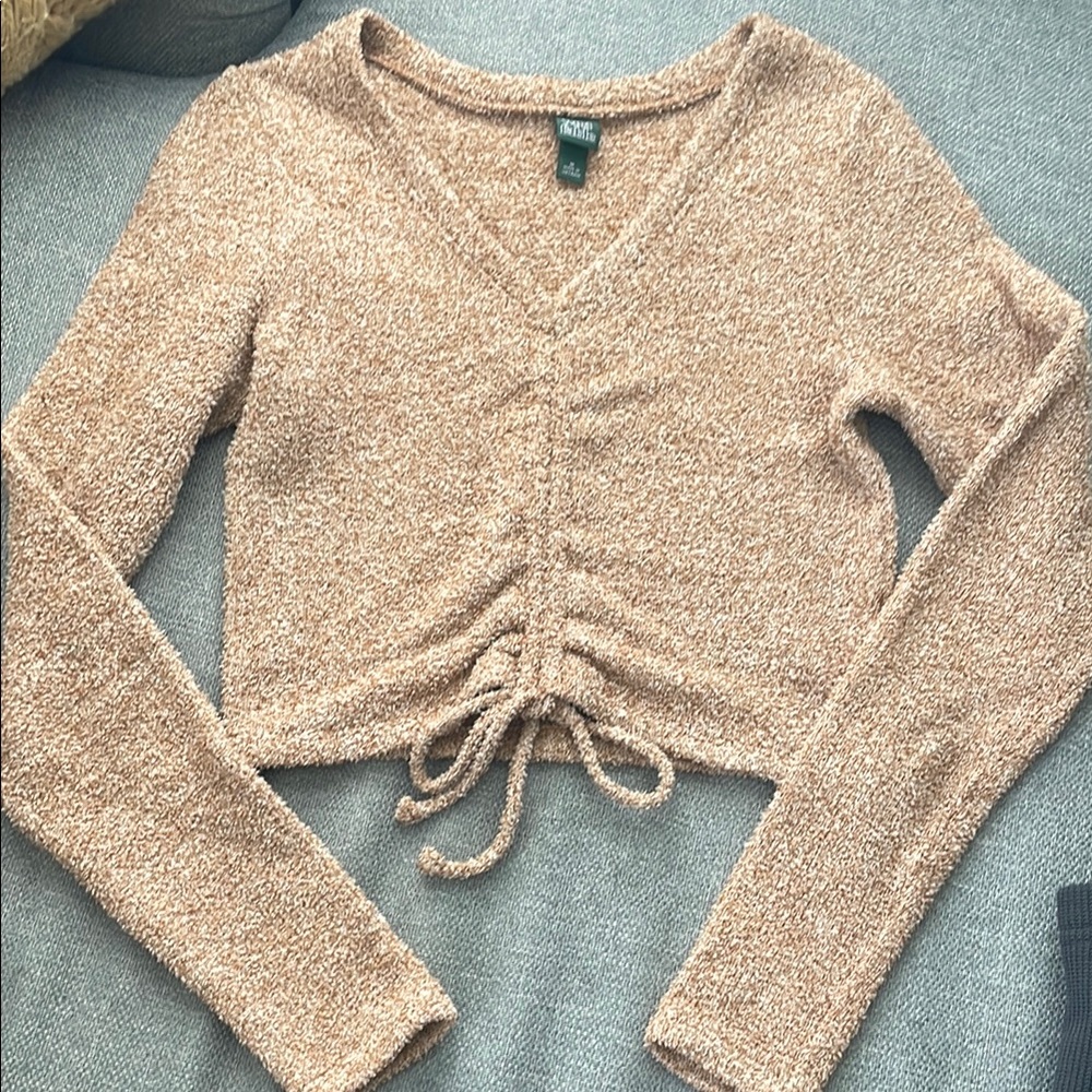 Tan Long Sleeve Ruched Crop Top